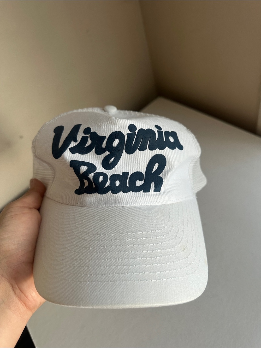Vintage Virginia Beach White Trucker Snapback Mesh Cap White Navy Baseball Hat
